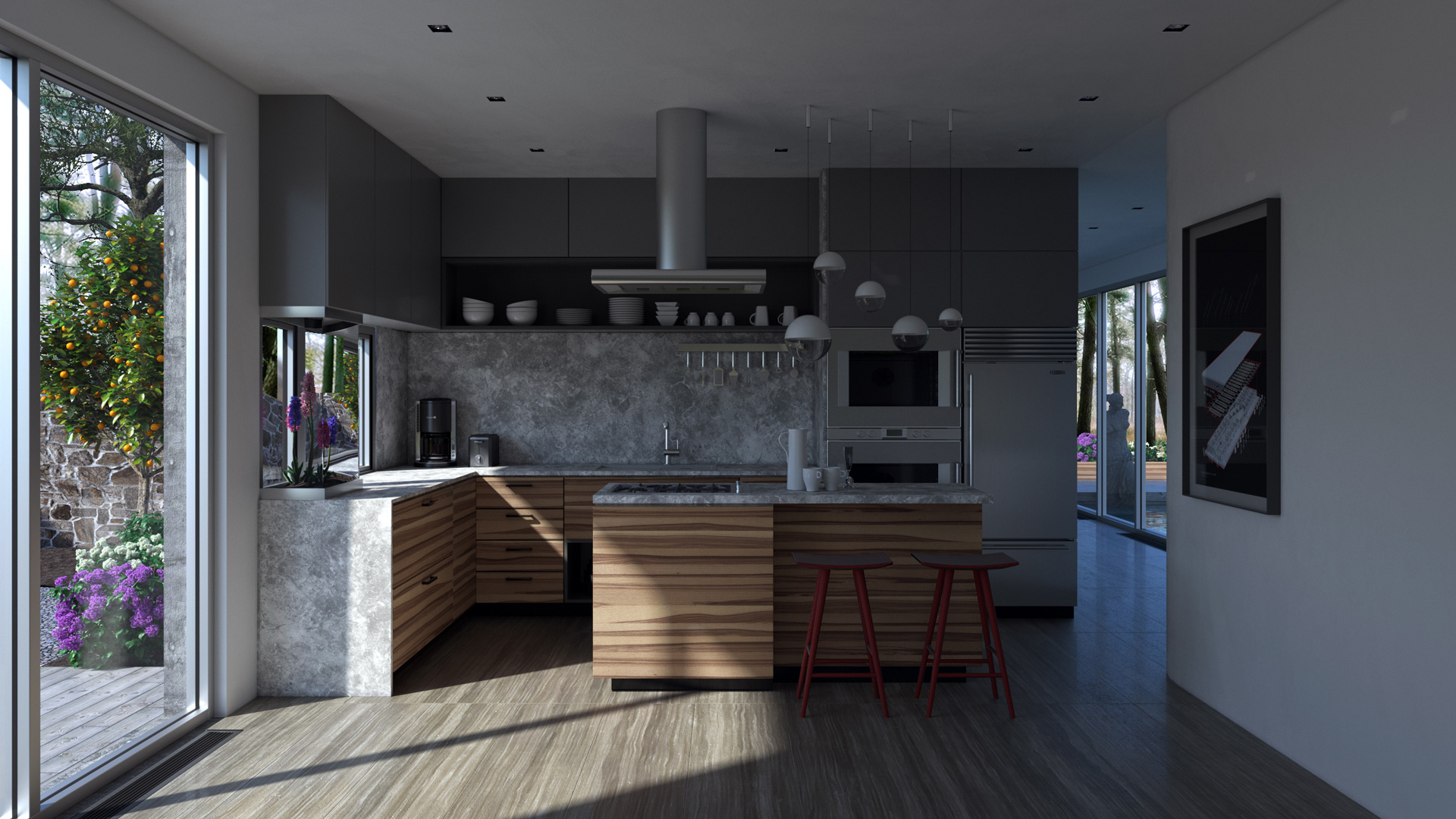 Interior render of high modern kitchen