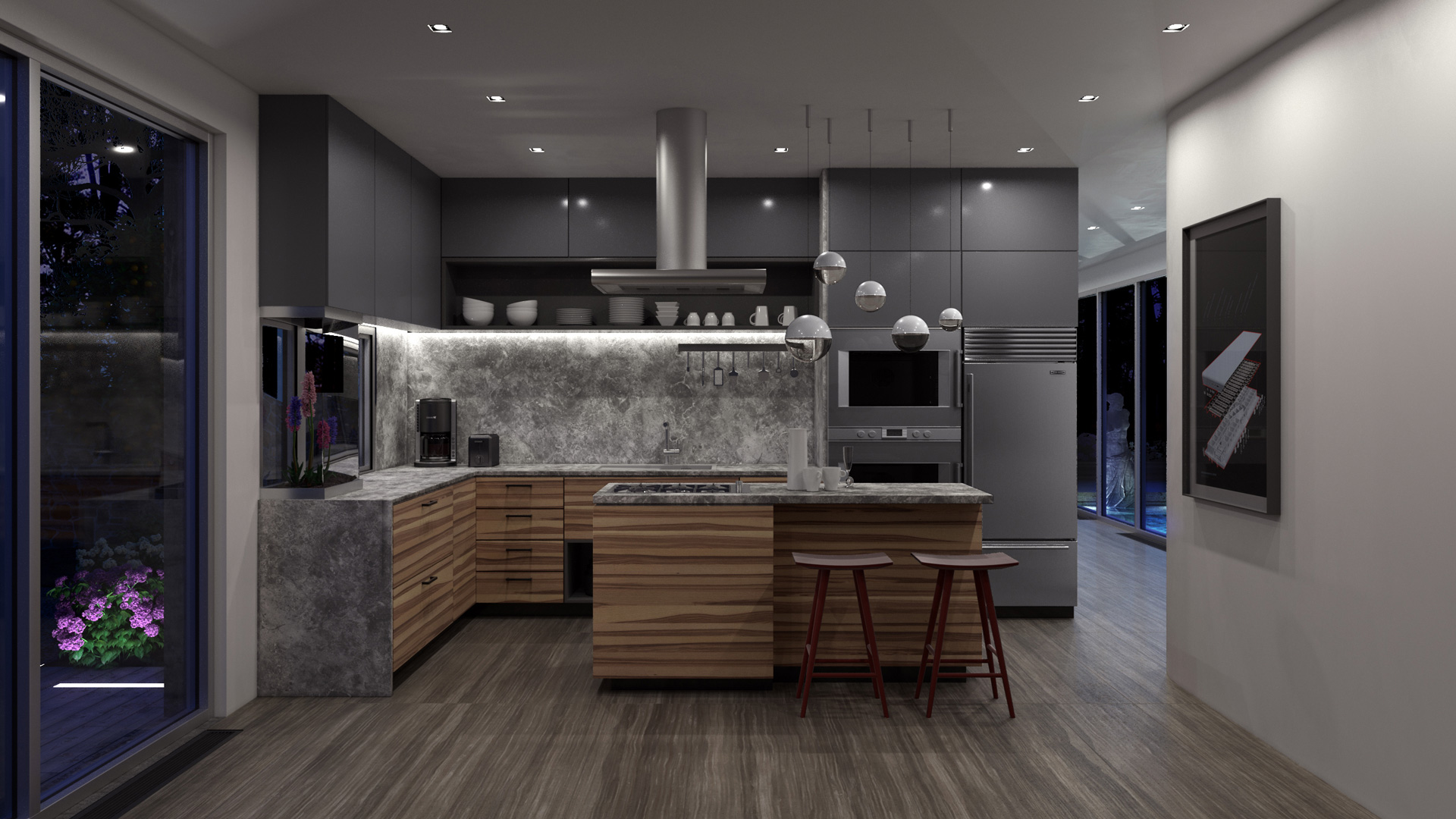 Interior render of high modern kitchen