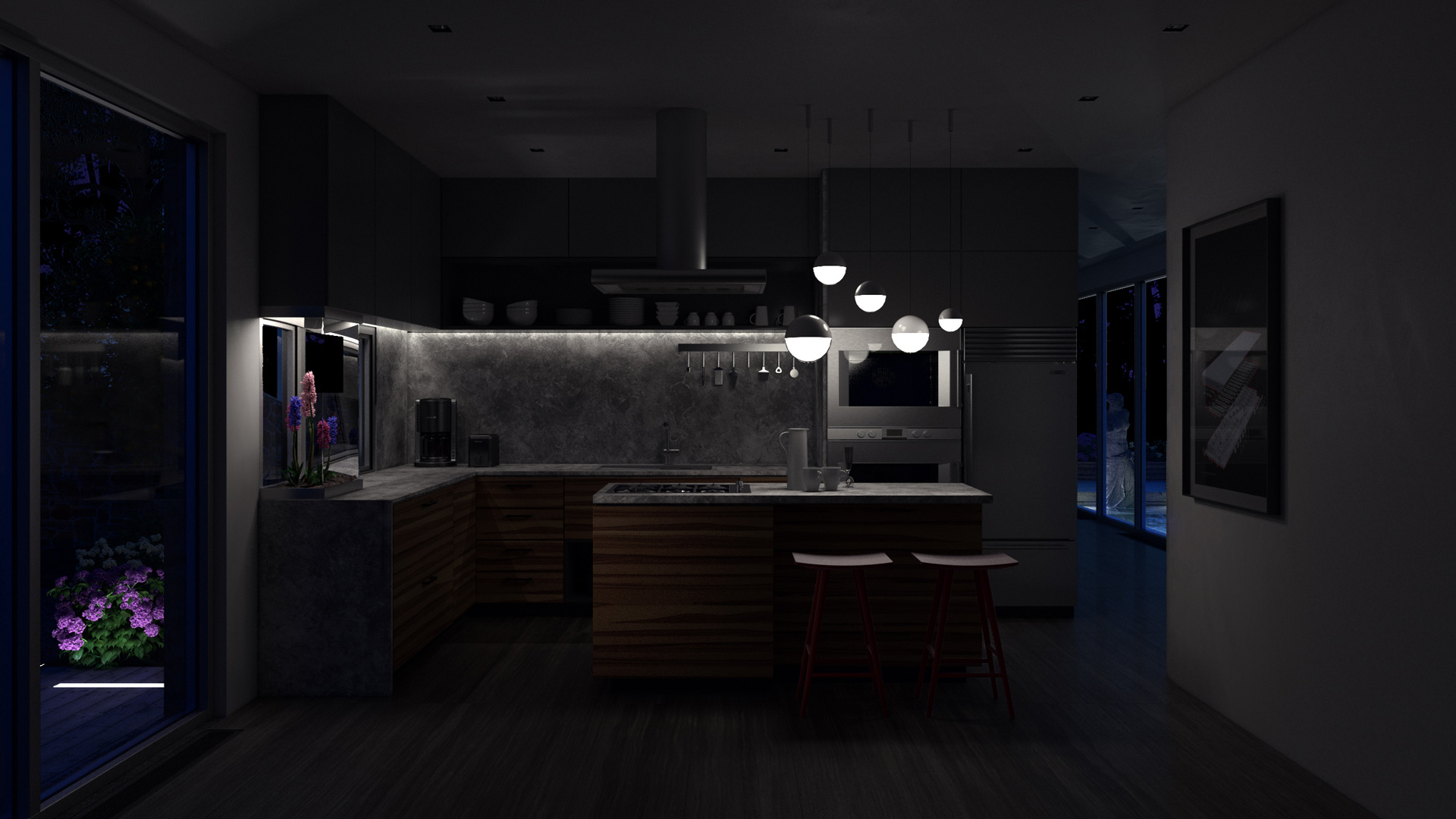 Interior render of high modern kitchen