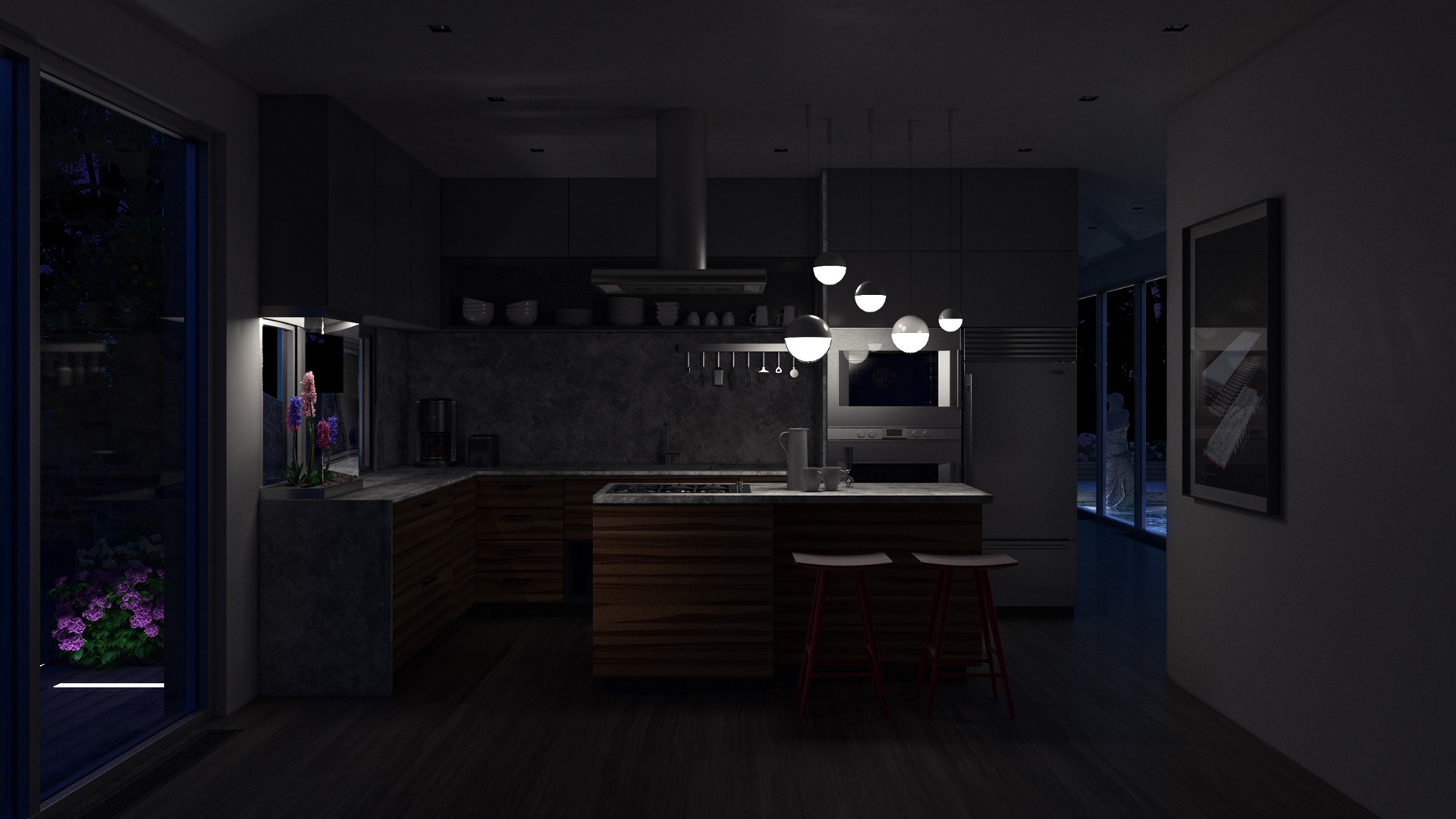 Interior render of high modern kitchen